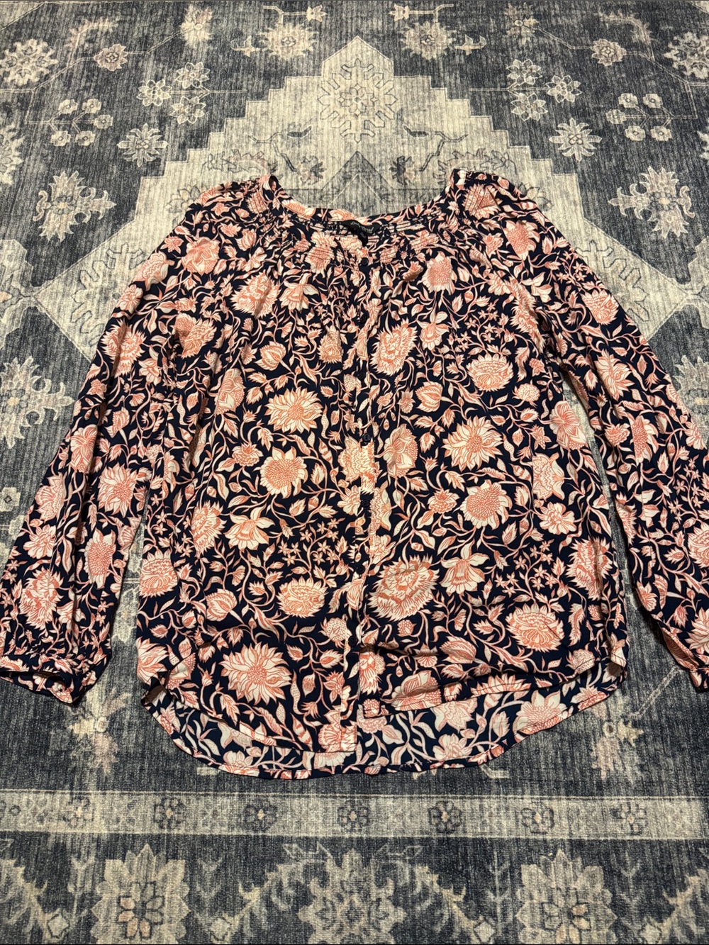 Lucky Brand Navy Blouse with Coral Floral Print